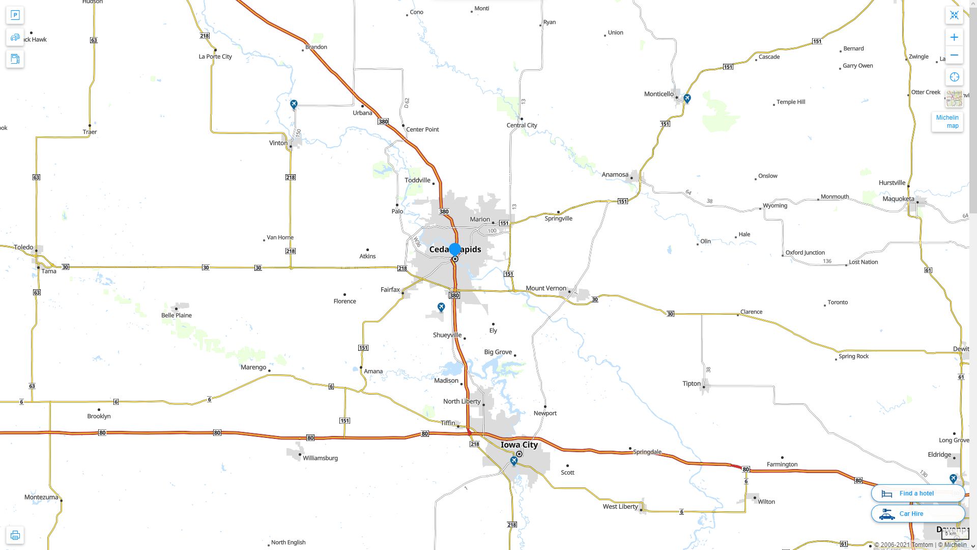 Cedar Rapids iowa Highway and Road Map